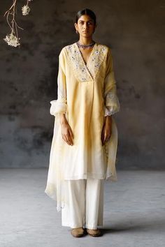 Shop for Shikha Mehta Yellow Advika Silk Chanderi Overlap Kurta Set for Women Online at Aza Fashions Yellow Indian Suit, Simple Suits, Sheer Dupatta, Best Designer Suits, Rajdeep Ranawat, Punit Balana, Kurta Sets For Women, Yellow Kurta, Mirror Embroidery