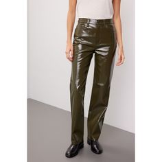 Green faux leather (100% Polyurethane - faux leather). Pants. Front zipper closure. 31" inseam. 12" rise. 16.5" leg opening. Imported. Modern High Waist Leather Pants For Fall, Fall Wide Leg Faux Leather Pants, Spring Sleek Straight Leg Leather Pants, Sleek Straight Leg Leather Pants For Spring, Sleek Leather Bottoms With Zipper Closure, Modern Faux Leather Bottoms For Spring, Trendy High-waisted Leather Pants With Zipper, Spring Modern Faux Leather Bottoms, Trendy Workwear Pants In Polyurethane