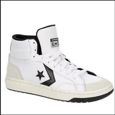 New Converse Men's Pro Blaze Classic Mid Sneakers White/Black/Egret Size Mens 8.5 Women's 10 Converse High-top Sneakers For Sports With Round Toe, Sporty Converse Sneakers With Speckled Midsole, Converse Mid-top Sneakers With Cushioned Footbed, Converse White Skate Shoes With Speckled Midsole, Converse White Skate Shoes With Boost Midsole, Converse High-top White Basketball Shoes, White Converse Basketball Shoes With Round Toe, Converse White High-top Basketball Shoes, Converse Sporty High-top Sneakers With Speckled Midsole