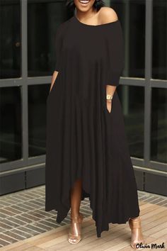 Olivia Mark - Elegant Black Solid Asymmetrical Oblique Collar Long Dresses for Fashionable Women Black Asymmetrical Hem Midi Dress For Fall, Asymmetrical Black Maxi Dress For Fall, Black Asymmetrical Maxi Dress For Fall, Spring Black Maxi Dress With High-low Hem, Fall Asymmetrical Hem Maxi Dress For Night Out, Black Long Sleeve Asymmetrical Dress For Spring, Casual Maxi Dress With Asymmetrical Hem For Night Out, Casual Midi Dress With High-low Hem For Evening, Black Long Sleeve Asymmetrical Summer Dress