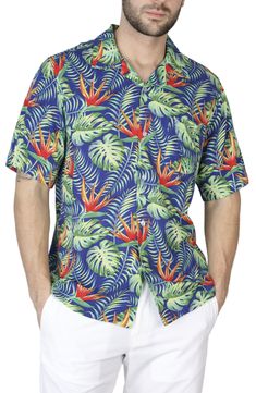 This softly draped camp shirt features a bold design making it an instant upgrade for your casual look. Spread collar Short sleeves Front button placket 97% rayon, 3% spandex Machine wash, tumble dry Imported Casual Rayon Camp Shirt With Camp Collar, Casual Rayon Camp Collar Shirt, Relaxed Fit T-shirt With Camp Collar For Vacation, Hawaiian V-neck Top With Tropical Print, Vacation T-shirt With Relaxed Fit And Camp Collar, Casual Collared Camp Shirt In Rayon, Beach Rayon Top With Camp Collar, Casual Rayon Camp Shirt With Short Sleeves, Relaxed Fit Rayon Beach Tops