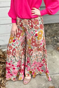 Multicolor Floral High Waist Wide Leg Pocket Pants Multicolor High-waisted Pants With Elastic Waistband, Multicolor High Waist Pants With Elastic Waistband, Multicolor High-waisted Wide Leg Pants With Elastic Waistband, Pink Ankle-length Wide Leg Pants With Elastic Waistband, Pink Wide Leg Ankle-length Pants With Elastic Waistband, Multicolor High Waist Floral Print Bottoms, High Waist Multicolor Floral Print Pants, High-waist Multicolor Floral Print Pants, Multicolor High-waist Bottoms With Floral Print