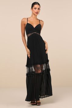 Everyone will be in awe of your aesthetic when you stroll in wearing the Lulus Deeply Stunning Black Lace Pleated Lace-Up Backless Maxi Dress! Lightweight woven fabric shapes this dramatic dress with slender spaghetti straps that lace up the open back, supporting a fitted bodice with a V-neckline and flattering ruching. Sheer lace panels lend a cutout effect to the bodice, atop a tiered skirt with airy pleats, lacy ruffles, and matching sheer panels throughout. Maxi hem completes the look. Hidde Evening Dress With Lace Trim And Sweetheart Neckline, Sweetheart Neckline Evening Dress With Lace Trim, Party Maxi Dress With Lace Trim And Sweetheart Neckline, Evening Maxi Dress With Lace Trim And Sweetheart Neckline, Evening Maxi Dress With Sweetheart Neckline And Lace Trim, Elegant Lace Trim Maxi Dress For Cocktail, Elegant Cocktail Maxi Dress With Lace Trim, Evening Maxi Dress With Lace Trim, Lace Dress With Pleated Bodice For Parties