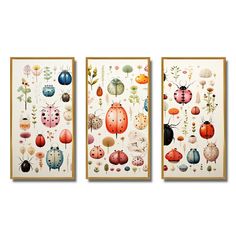 three framed paintings with different types of bugs and flowers on them, one in gold frame