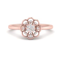 a rose cut diamond ring with an open flower design on the center and side stones