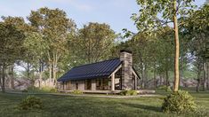 a small cabin in the middle of some trees