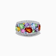 Watercolors 14K White Gold Multi Sapphire and Diamond Ring Luxury Multicolor Sapphire Ring For Formal Occasions, Luxury Multicolor Multi-stone Sapphire Ring, Fine Jewelry Platinum Multi-stone Gemstones, Platinum Multi-stone Gemstones In Fine Jewelry Style, Multicolor Brilliant Cut Sapphire Ring, Multicolor Sapphire Ring With Brilliant Cut, Multicolor Oval Multi-stone Cluster Ring, Elegant Multicolor Brilliant Cut Sapphire Ring, Elegant Multicolor Brilliant Cut Gemstones