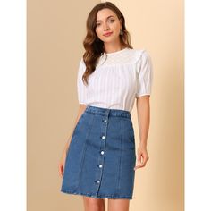 Make an elegant style statement with the Allegra K denim short skirt. Complete your look for sunny days in the park with a pair of sandals to be casual and comfy. It is a good choice to match with a light color T-shirt or blouse, which is full of college style and shows personal charm. Occasion: Coffee Shop, Weekend Gathering, Hanging Out, Work, School, etc. The model is wearing an X-Small. Please check your measurements to make sure the item fits before ordering. Chic Knee-length Denim Skirt For Summer, Summer Button-up Mini Skirt, Button-up Mini Skirt For Summer, Fitted Denim Skirt With Button Closure For Summer, Summer Blue Buttoned Denim Skirt, Blue Buttoned Denim Skirt For Summer, Summer Denim Skirt With Buttons, Denim Button Skirt For Summer, Blue Buttoned Mini Skirt For Summer