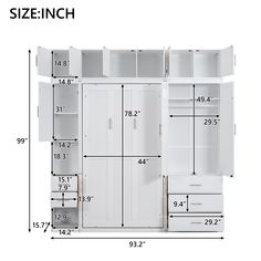 the size and measurements of a closet with doors, drawers, and shelving units