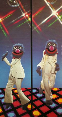 two identical images of sesame and bert dancing on a dance floor with disco lights in the background