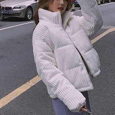 white corduroy puffer jacket women's oversized corduroy jacket puffer white puffy puffer jacket corduroy puffy coats #winterclothing #puffer #puffy #whitepuffer #corduroyjacket #corduroypuffer Casual Outerwear Women, Trendy Summer Fits, Corduroy Coat, Parka Women, Parka Style, Casual Outerwear, Puffer Jacket Women, Jacket Parka, Womens Parka