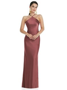 Smooth, Sleek Lux Charmeuse Instantly Elevates The Elegance Of This Formal Bias Gown. Its Diamond Halter Neck And Adjustable Straps Add A Modern Look To A Long, Formal Skirt With A Side Slit. Twirl Across The Dance Floor Or Stand Up As A Bridesmaid In Sophisticated Style. Shown In English Rose. Dress Code For Wedding, Maid Of Honour Dress, Black Tie Optional, Rose Bridesmaid Dresses, Pick A Color, Prom Dress Ideas, Formal Skirt, Infinity Dress, Maid Of Honour