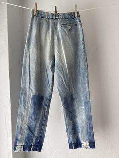 Inspired by traditional tie dye designs of West Africa and India. Striking contrast patterns in bleach white against the classic indigo blue of denim. Reworked vintage jeans with hand mended patch. Bleach White, Pleated Denim, Vintage Liz Claiborne, Reworked Vintage, Tie Dye Designs, West Africa, Indigo Blue, Upcycle Clothes, Vintage Jeans