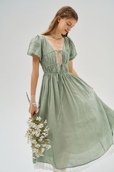 IRIS 23 | lace up linen dress Spring Green Dress, Puff Sleeve Dress Vintage, Woodland Theme Wedding, Linen Wedding Dress, Ethereal Dress, Structured Dress, Romantic Atmosphere, Spring Aesthetic, Puffed Sleeves Dress