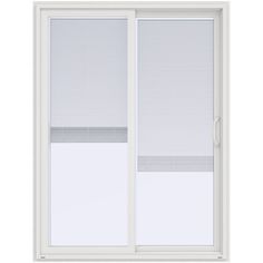 an open sliding glass door with blinds on the top and bottom half, in white