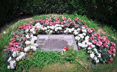 a grave surrounded by flowers and greenery on the ground in front of bushes,