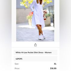 Women’s White High Low Pocket Shirt Dress Size Xl Casual Shirt Dress For Day Out, Casual Long Sleeve Shirt Dress For Daytime, Chic Collared Shirt Dress For Daytime, Collared Shift Shirt Dress For Day Out, White Shift Shirt Dress For Day Out, Daytime Button-up Shirt Dress, Casual Midi-length Shirt Dress For Daytime, Casual Midi Length Shirt Dress For Daytime, Casual Midi Shirt Dress For Daytime