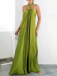 Elegant A-Line Backless Halter-Neck Maxi Dress Ring Halter, Summer Day Dresses, Southern Outfits, Halter Neck Maxi Dress, Light Pattern, Office Dresses For Women, Loose Maxi Dress, Elegant Maxi Dress, Green Dresses