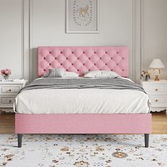 The pink full bed frame features a design inspired by modern. The bed frame full features a tufted headboard, providing an extra touch of luxury and comfort. This feature adds a stylish focal point to your bedroom and provides a comfortable backrest when you want to sit up in bed and read or watch television. Pink Twin Bed, Pink Furniture, Twin Bed Frame, Upholstered Bed Frame, Wooden Slats, Platform Bed Frame, Bedroom Furniture Beds, Bed Frame And Headboard, Upholstered Beds