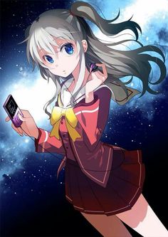 an anime character holding a cell phone in her hand