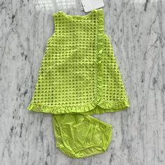 New Mayoral Dress For Baby Girls. Bright Lime Green Large Eyelet Dress. The Fabric Is In A Circle Pattern Which Is An Overlay To The Dress Underneath. Also Has A Ruffle Detail Along The Hemline. Lined And Buttons Up The Back For A Very Clean Look. There Are Matching Bloomers. All Of My Items Are Brand New With All Tags Attached From The Manufacturer. Please Feel Free To Ask Any Questions Green Summer Dress For Baptism, Green Summer Baptism Dress, Playful Summer Dress For Baptism, Green Sleeveless Dress For Play, Sleeveless Summer Play Sets, Spring Baptism Ruffled Sets, Green Ruffled Dress For Play, Baby Boy Linen, Girls Spring Outfits