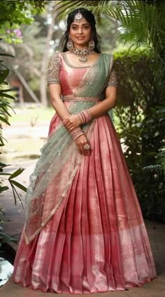 Lehanga Look For Reception, Half Lehenga Designs, Saree Lehnga Design Ideas, Lehanga Designs South Indian, Lengha Design From Saree, Traditional South Indian Lehangas, Ghagra For Engagement, Half Sari Designs, Silk Blouse Designs For Lehenga