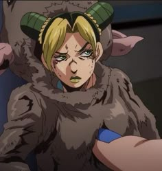 an anime character with blonde hair and green eyes wearing a horned costume, looking at the camera