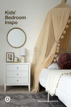 a bedroom with a bed, dresser and mosquito net on the wall above it that says kids'bedroom inspo