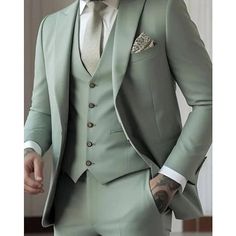 Men's Tailored Fit Double Breasted Six-buttons 2 Pieces Wedding Suits - Mondressy Green Three-piece Suit For Wedding With Suit Collar, Green Notch Lapel Three-piece Suit For Wedding, White Wedding Blazer With Double Button Closure, Spring Wedding Slim Fit Blazer, Tailored Three-piece Suit For Wedding With Long Sleeves, Three-piece Tuxedo Suit With Notch Lapel, Slim Fit Long Sleeve Suits For Wedding, Elegant Slim Fit Suits With Buttons, Slim Fit Wedding Suits For Spring