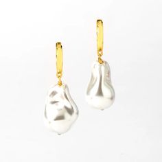 Gold Baroque Glass Pearl Drop Earrings – Think Goodness Chic Teardrop Pearl Earrings For Party, Chic White Pearl Drop Hoop Earrings, Evening Baroque Pearl Earrings, Baroque Pearl Earrings For Pierced Ears, Chic Pearl Drop Earrings, Chic Pearl Drop Dangle Earrings, Elegant Baroque Pearl Earrings With Pearl Charm, Chic Teardrop Pearl Earrings For Evening, Chic White Pearl Drop Earrings