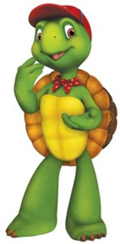 a cartoon turtle with a red hat and bow tie holding a yellow object in his hands