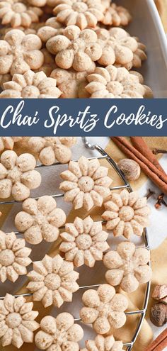 Chai Spritz Cookies on a wire cooling rack Classic Spritz Cookies, Spritz Recipes, Spritz Cookie, Easy Dough, Spritz Cookie Recipe, Spritz Cookies, Cookie Press, Chai Spice