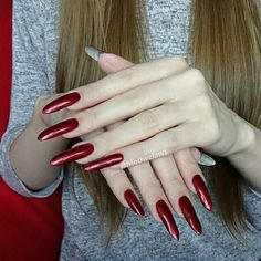 Long Red Stilleto Nails, Red Nails Stiletto Long, Red Claw Nails, Stiletto Dark Red Nails, Dark Cherry Red Nails Stiletto, Long Red Nails, Long Fingernails, Nail Candy