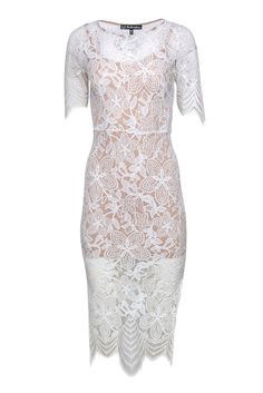 Current Boutique-For Love & Lemons - White Floral Lace Midi Dress w/ Back Cutout Sz XS Chic Delicate Lace For Summer, Fitted Lace Dress With Lace Trim For Summer, Fitted Lace Patchwork Dress For Brunch, Fitted Lace Trim Summer Lace, Feminine Scalloped Lace For Spring, Fitted Lace With Lace Sleeves For Summer, Fitted Lace Sleeves For Summer, Summer Fitted Lace With Lace Sleeves, Summer Party Scalloped Lace