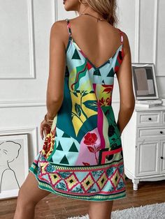 Summer Vibes: Floral Patchwork Cami Dress Multicolor Print V-neck Dress With Patchwork, Multicolor Floral Patchwork Dress For Garden Party, Multicolor Floral Sundress For Beach Season, Colorful V-neck Mini Dress For Summer, Patterned Sundress For Summer Vacation, Multicolor Summer Sundress For Garden Party, Summer Dresses With Colorful Pattern, Summer Multicolor Sundress For Garden Party, Trendy Multicolor Beach Dress