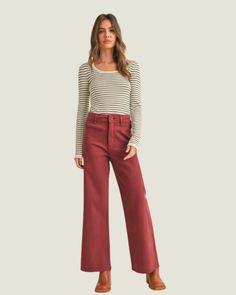 Add a pop of color to your wardrobe with our Maroon Straight Leg Denim Pants. These are our crowd-pleasing NYC Please Jeans back in-stock in a new-color way! They are the high-rise stretchy material you all love in rich maroon hue that sets them apart from your everyday denim. High Waist Elastane Pants With Five Pockets, Trendy Wide Leg Pants With Five Pockets For Fall, Trendy Cotton Pants For Fall, Versatile Cotton Pants For Fall, Trendy Fall Cotton Pants, Casual Wide Leg Elastane Pants For Spring, Trendy Fall Workwear Flare Jeans, Casual Spring Wide Leg Elastane Pants, Cotton High-waisted Flare Jeans For Work