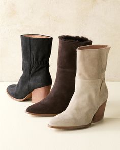 Make any outfit cooler in a cinch with our cinch-back, Western-inspired boots. Masterfully crafted for us by Spanish artisans in rich suede, with a modern height for versatile style and a wedge-like heel for maximum ease.  Inside zip. Almond toe. Elastic above heel. Suede upper. Leather lining. 6" shaft. 3" wedge-like, man-made heel. Man-made sole and heel cap. Due to the inherent qualities of genuine suede, subtle color variations will occur. Spain. Comfortable Wedges, Garnet Hill, Heel Caps, Moon Jewelry, Fall 2022, Calf Boots, Mid Calf Boots, Natural Fabrics, Suede Boots