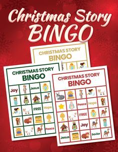 the christmas story bingo game is shown on a red background with snowflakes and stars