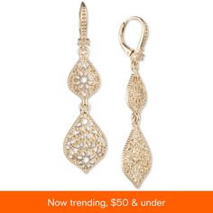 in stock Elegant Earrings With Intricate Design, Intricate Design Dangle Jewelry, Elegant Earrings With Lever Back, Party Jewelry With Filigree Design, Ornate Formal Jewelry, Gold Linear Earrings With Lever Back, Evening Earrings With Lever Back Ear Wires, Elegant Metal Chandelier Earrings With Lever Back, Gold Filigree Bridal Drop Earrings