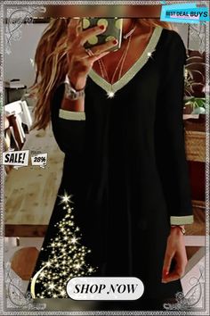 Loose Casual Christmas Dress Casual A-line Long Sleeve Party Dress, Long Sleeve Mini Dress For Christmas Night Out, Christmas Long Sleeve Mini Dress For Night Out, Holiday Long Sleeve Midi Dress, Elegant A-line Christmas Dress, Black Long Sleeve Christmas Dress, V-neck Christmas Mini Dress For Holiday, Long Sleeve Holiday Dress For Party Season, V-neck Mini Dress For Christmas Party