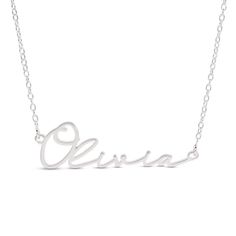 A graceful style, this personalized name necklace is a sweet casual look. Crafted in sterling silver, this design showcases a name - between two and 10 characters in length - sculpted in a calligraphy script font. Polished to a bright shine, this name art suspends centered along a 16.0-inch rolo chain that secures with a spring-ring clasp. Silver Signature Name Necklace, Silver Signature Nameplate Necklace, White Gold Name Pendant Necklace, Silver Signature Necklace With Custom Name, Silver Custom Name Signature Necklace, Signature Silver Custom Name Necklace, Silver Signature Custom Name Necklace, Elegant Sterling Silver Nameplate Necklace, Classic Engraved Name Necklace For Personalized Gift