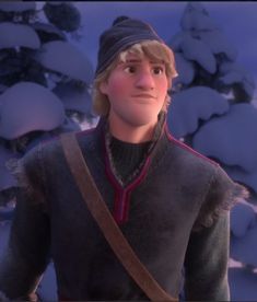 an animated character with a hat and coat in front of snow - covered trees, looking at the camera