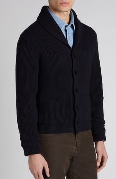 Supersoft Italian cashmere furthers the luxe look and feel of this handsome shawl-collar cardigan. 26 1/2" length (size 50 EU) Front button closure Shawl collar Long sleeves Ribbed cuffs and hem Front patch pockets 100% cashmere Dry clean Made in Italy Designer Clothing Classic Cashmere Sweater Coat With Shawl Collar, Formal Wool Cardigan With Lapel Collar, Formal Shawl Collar Winter Cardigan, Formal Shawl Collar Cardigan For Winter, Formal Fall Cardigan With Shawl Collar, Formal Shawl Collar Cardigan For Fall, Workwear Shawl Collar Cardigan, Classic Sweater With Shawl Collar For Work, Classic Shawl Collar Sweater For Work