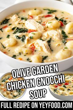 a bowl of chicken gnocchi soup with spinach