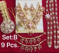 Thai vintage Jewelry set. Package content: 1 Necklace 24.5 inch 2 pair of earrings, 3 belt 37 in. 4. couple bracelets, 8 inch 5.body chain 54 inch 6. wist band 11 inch Gold Festival Sets, Gold Sets For Festival Celebrations, Gold Sets For Celebration And Festival, Gold Party Sets For Festival, Elegant Pink Ceremonial Sets, Elegant Pink Sets For Ceremonial Occasions, Festive Bridal Sets For Parties, Elegant Gold Jewelry For Festival, Vintage Jewelry For Weddings And Festivals