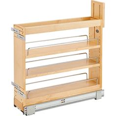 a wooden shelf with three shelves on each side and two metal rails at the bottom