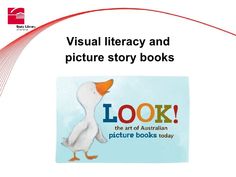 an image of a duck with the words look on it's back side and text that reads, visual library and picture story books