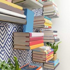 a stack of books sitting on top of a shelf next to a potted plant