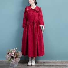 Details: Item Type: Dress Main Material: Cotton Linen Season: Spring, Autumn Style: Leisure, Daily Pattern Type: Embroidery Waist Type: Loose Fit Type: Loose fit/ Pullover Size: One Size Length: 118.00 cm/ 46.46 " Bust: 106.00 cm/ 41.73 " Shoulder: 41.00 cm/ 16.14 " Sleeve: 60.00 cm/ 23.62 " Cotton Fall Dress With Embroidered Hem, Fall Cotton Dress With Embroidered Hem, Cotton Dress With Embroidered Hem For Fall, Red Embroidered Winter Dress, Winter Embroidered Red Dresses, Fall Cotton Embroidered Dress, Casual Long Sleeve Dress With Embroidered Hem, Winter Cotton Dress With Embroidery, Fall Long Sleeve Dress With Embroidered Hem