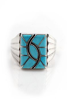 This Turquoise Hummingbird Inlay Ring by Zuni artist, N.Lee features a stylized design representing a hummingbird. The hummingbird is a symbol of bringing joy to the world. The channel inlay Sleeping Beauty Turquoise from Arizona has a beautiful blue color. The sterling silver fans on each side of the inlay add to the beauty of this ring. This expertly crafted ring is perfect for any occasion. Hallmarked "N Lee" and stamped Sterling Mens Turquoise Rings, Stones Rings, Survival Hacks, Inlay Jewelry, Pave Jewelry, Silver Eagle, Silver Eagles, Sleeping Beauty Turquoise, Teal Turquoise